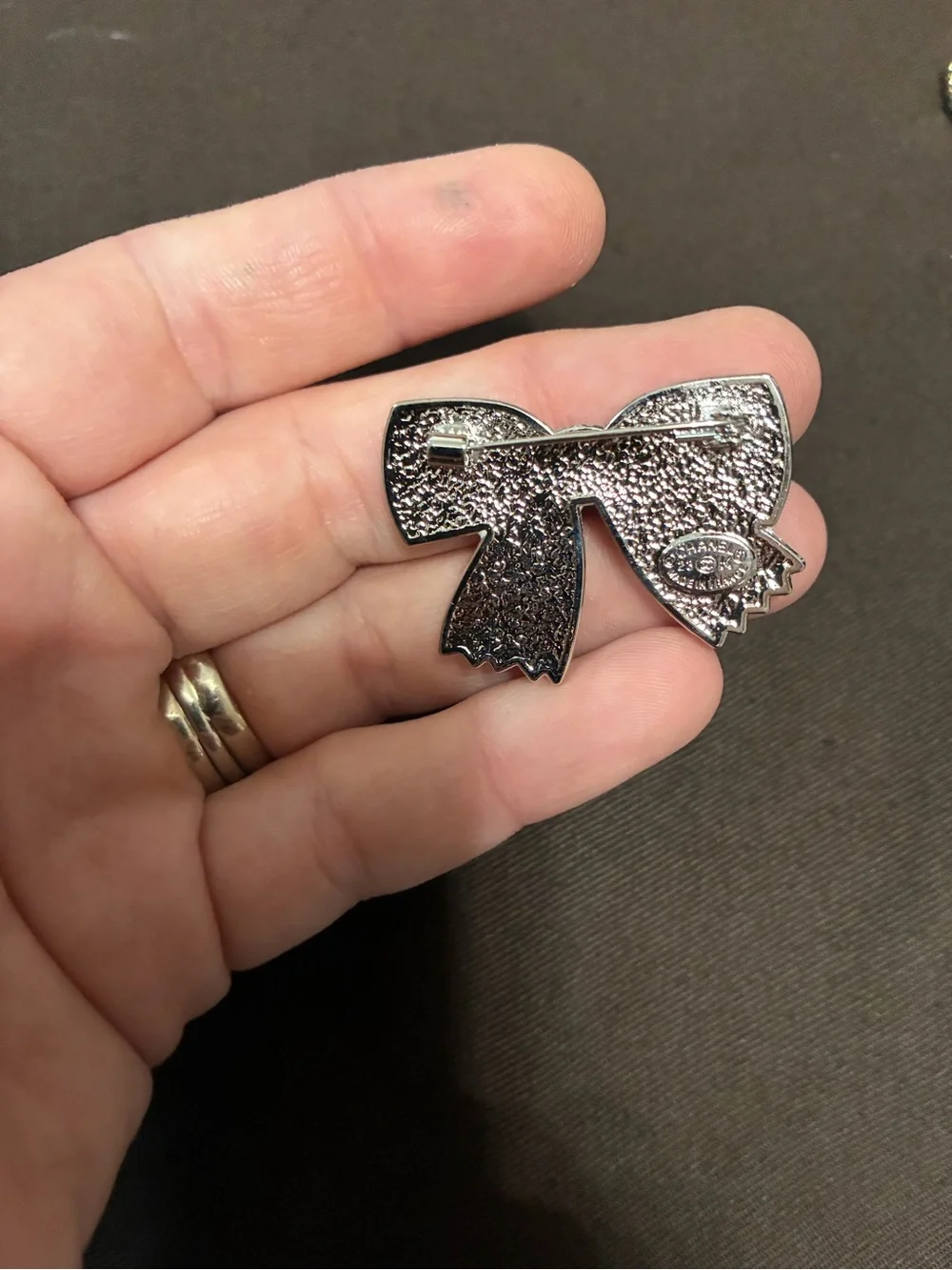 Silver Tone White Enamel Bow Brooch with Pearl Center